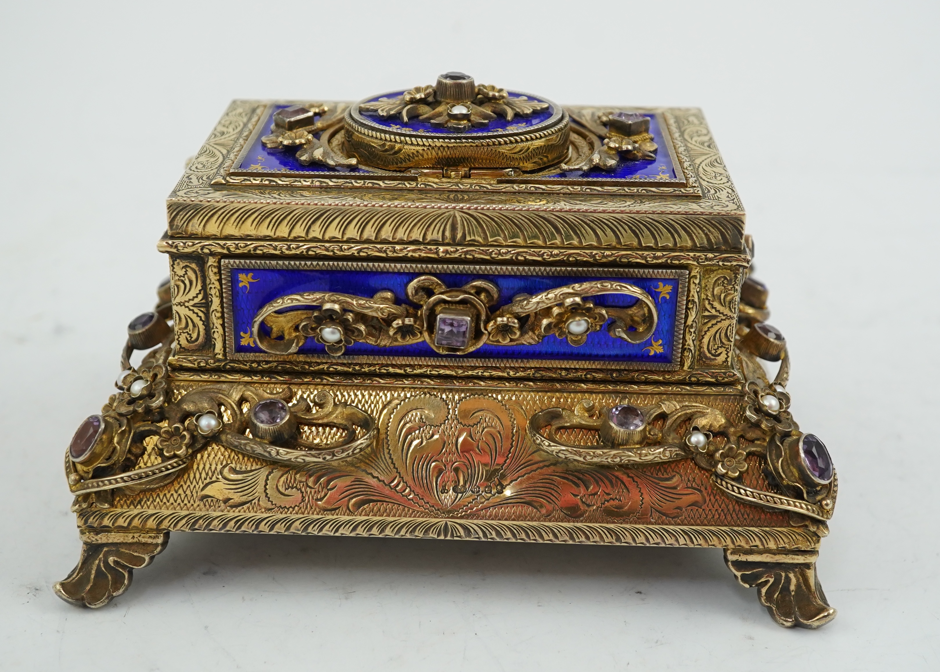 A late Karl Griesbaum Model 17 silver gilt, blue enamel, amethyst and cultured pearl set automaton singing bird box